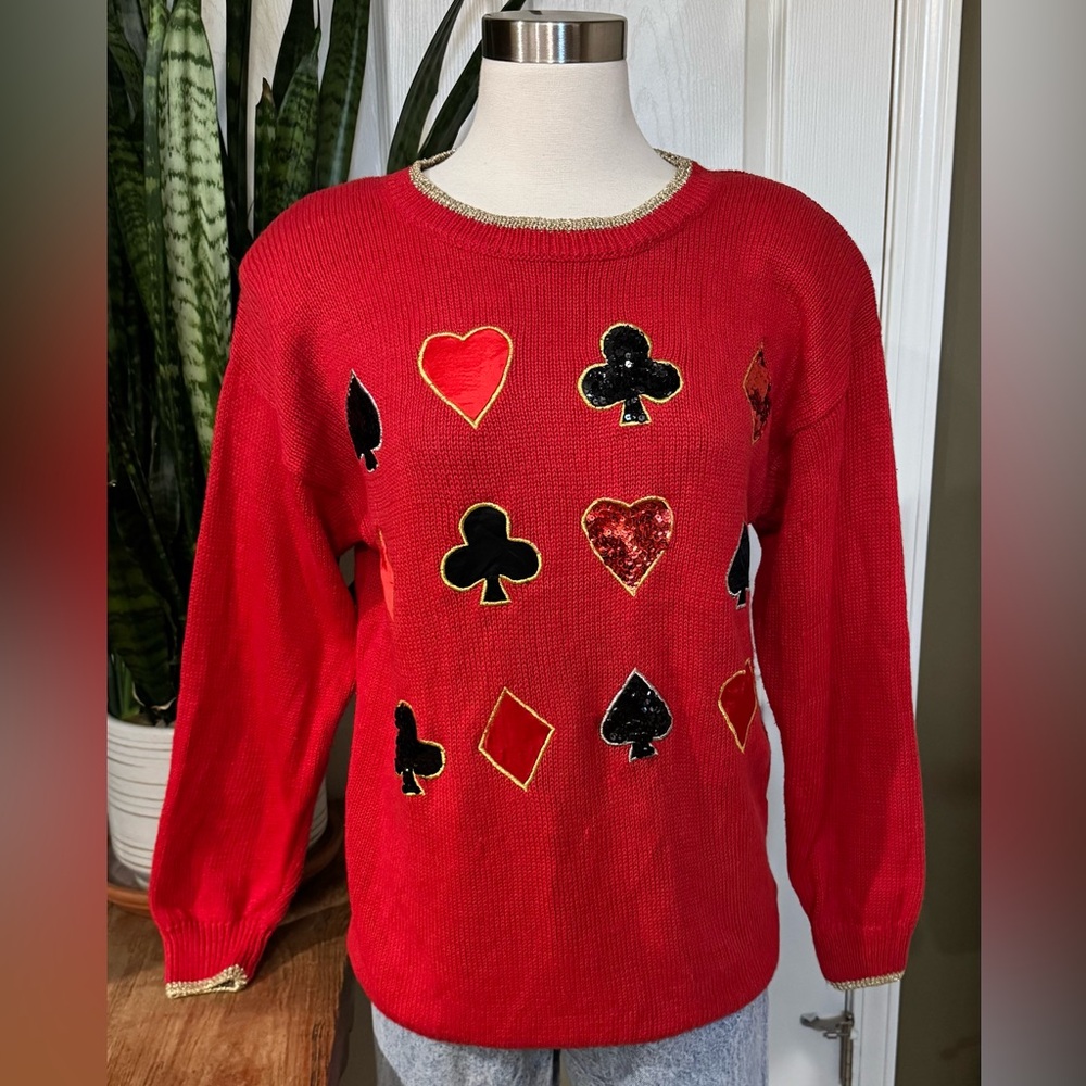 Vintage Casino Card‎ Suit Sequin Sweater Y2K Alice Wonderland medium